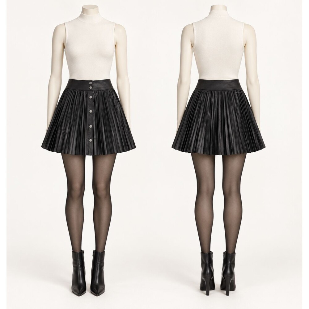 Ramy Brook Black Pleated Faux Leather Mini Skirt Size 00 Snap Front Designer